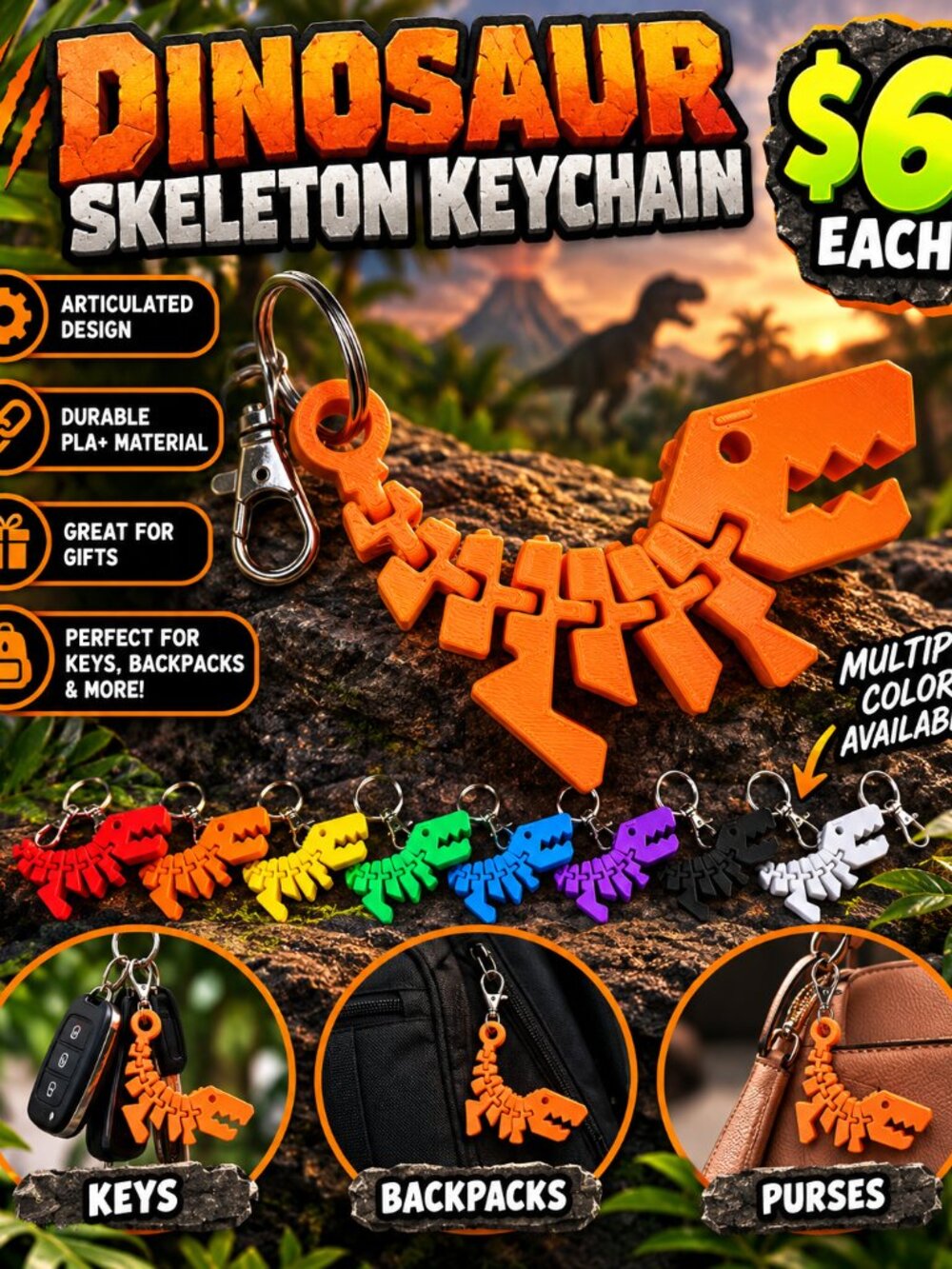 3D Printed Dinosaur Skeleton Keychain – $6 Each!